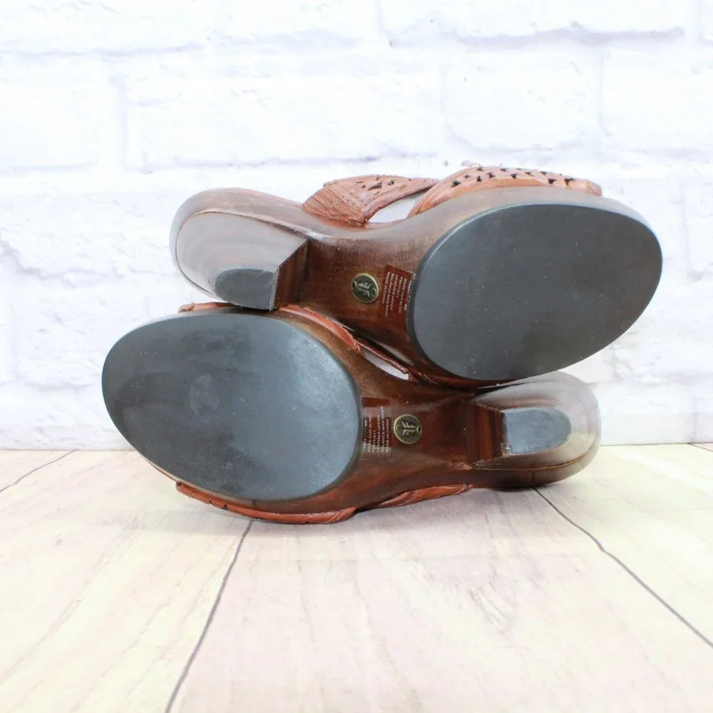 Frye Sage Cut Brown Leather Slip On Platform Heeled Sandals Size 9 Medium - Picture 9 of 9